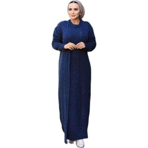 2 Pieces Knitted Women’s Set, Maxi Dress and Cardigan Double Suit For Winter Islamic Fashion Muslim Clothing Turkey Dubai 2021