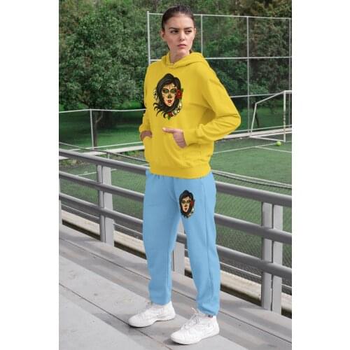 Angemiel Wear Ruhani Meksikalı Beautiful Women Tracksuit Set Yellow Hooded Sweatshirt Blue Sweatpants