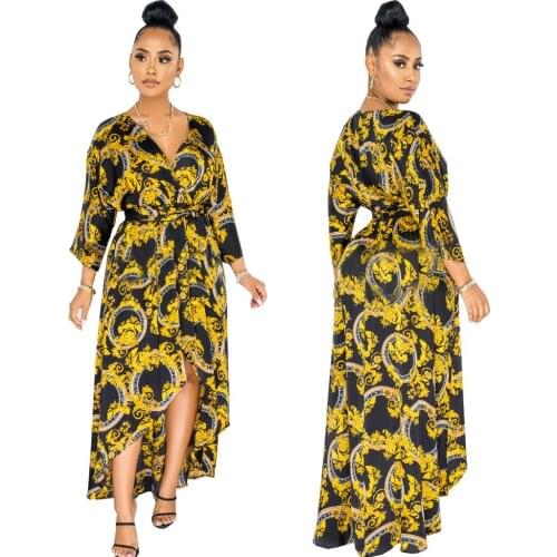 2021 Ins Internet Celebrity Famous Women Dress Longsleeve Print V Neck Split Fork