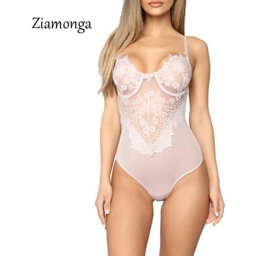 Ziamonga New Sexy Bodysuit Women Perspective Hollow Out Jumpsuit Lace Mesh Playsuit Backless Strap Slim Comfortable Romper Women