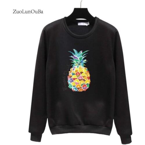 Zuolunouba 2018 Autumn Winter Women Swatshirt Printed Pineapple Style Student Black Lady Long-sleeved Loose Pullover Tops