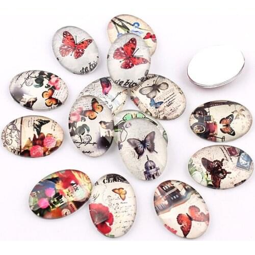 18*25mm Mixed Style Butterfly Oval Glass Cabochon Dome Jewelry Finding Cameo Pendant Settings 16pcs/lot