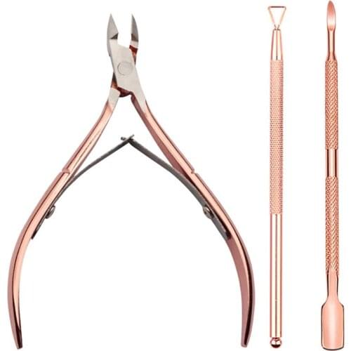3Pcs Nail Tools Dead Skin Pushers Remover Rose Gold Cuticle Nippers Scissors Stainless Steel Nail Art Manicure Accessory