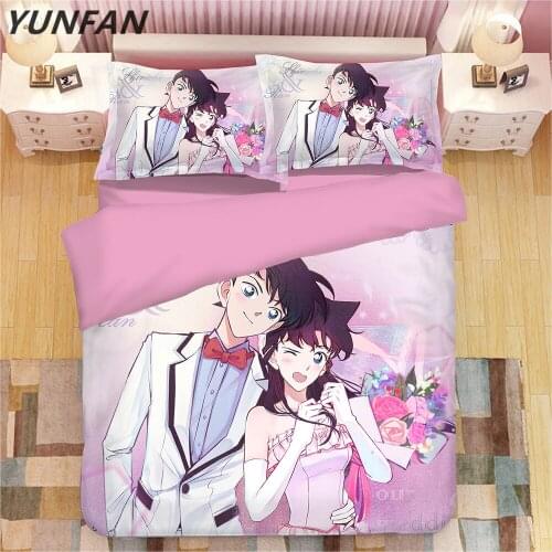Hot Sell 3D Japan Anime Duvet Cover Pillow cases Detective Conan bedding sets 3pcs teen/kid/adult home textiles pink quilt cover