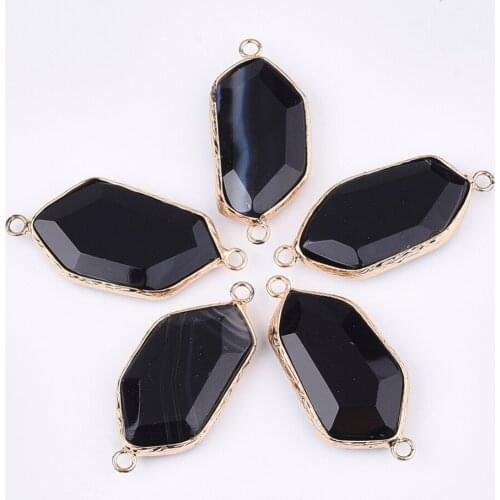 5pcs Polygon Dyed Black Natural Agate Connectors with Brass Findings for jewelry making bracelet necklace accessories Links F50