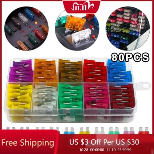 80Pcs Mini Standard Blade Fuses Set for 2/5/7.5/10/15/20/25/30 AMP Automotive Car Boat Truck Blade Fuse Assortment Kit