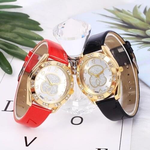 Women Watch New Fashion Crystal Watch Bear Top Brand Luxury Rose Gold Ladies Dress Watch Leather Strap Quartz Watch Reloj