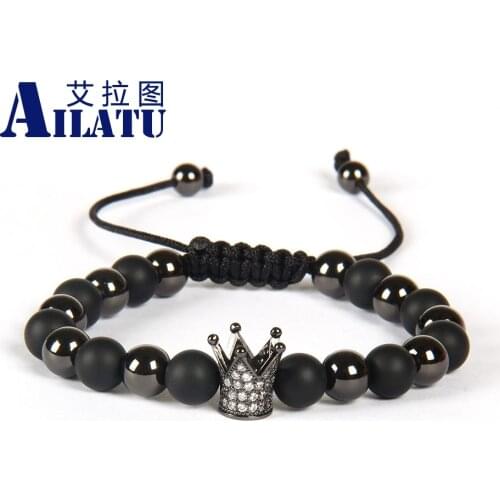 Men Crown Bracelet 8mm Matte Onyx Stone Beads Micro Paved Clear Cz King Crown Bangle Jewelry Drop Shipping