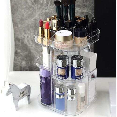 360-degree Rotating Cosmetic Organizer Transparent Storage Box Lipstick Makeup Brush Storage Rack Display Rack Plastic Box