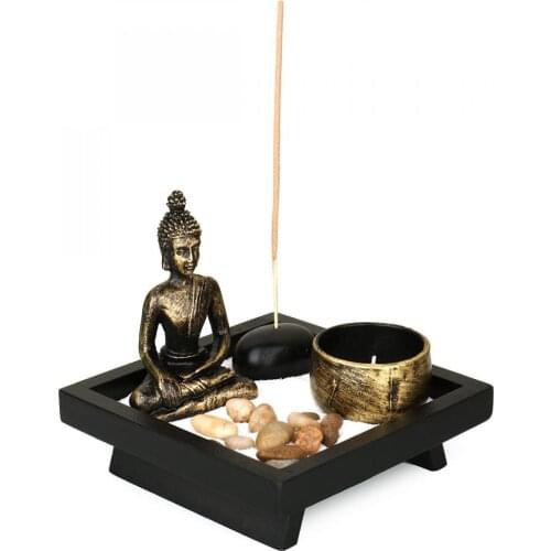 Creative Figurines Miniatures Sitting Buddha Ornament Zen Garden Candle Holders For Natural Stone Rattan Incense Gift Set