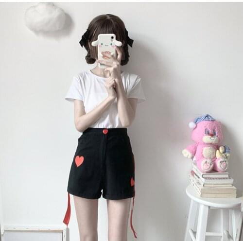 Kawaii Soft Girl Student Bowknot High Waist Straight Womens Shorts Love Embroidered Denim Clothing Summer Japanese Shorts