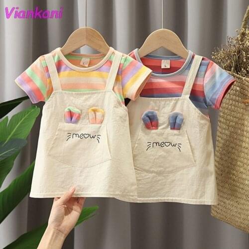 Kawaii Rainbow 2 Pieces Baby Girl Dresses Summer New 2021 Striped Cute Cartton Children Kids Clothes Top Quality Sundress