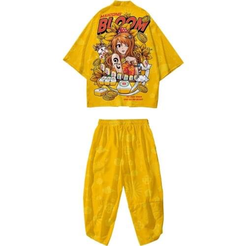 Fashion Kimono Yellow Cartoon Japanese Style Sets Plus Size Beach Harajuku Men Women Cardigan Haori Obi Asian Clothes Pant Suit