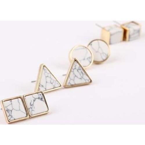 Fashion Square Triangle Round Geometric Marbled White Natural Stone Resin Stud Earrings For Women Christmas Gift DY