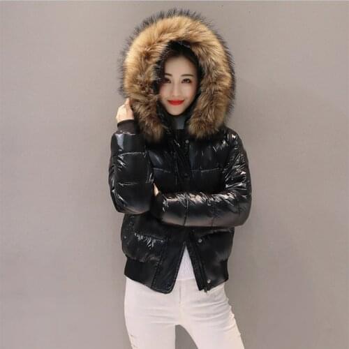 Fashion Winter Womens Glossy Coat Female Big Fur Black Down Jackets Hooded Coat Down Parkas Thick Winter Jacket Women Outwear