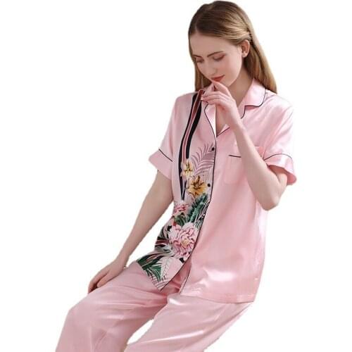 Summer silk pajamas womens full mulbery silk printing with pockets, short sleeves, loose and comfortable silk home service