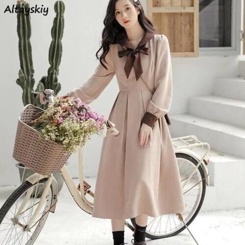 Long Sleeve Dresses Womens Spring Patchwork Bow Cozy Scarf-collar Vintage Preppy Style Girls High Waist Fashion Tender Female