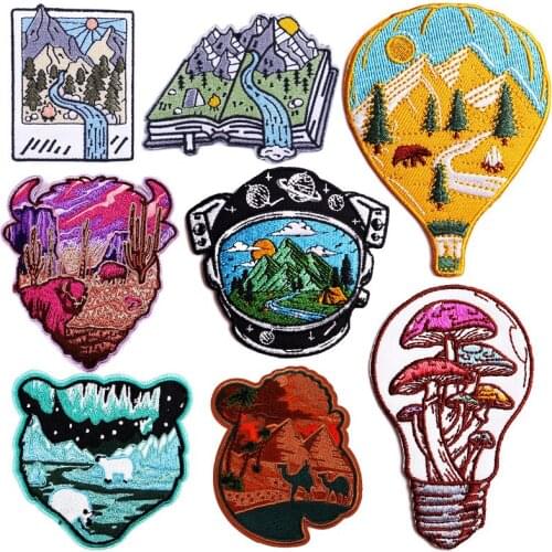 Pulaqi Van Gogh Whale Patches Wilderness Mountain Patch Embroidered Iron On Patches For Clothing Stripes Sticker on Clothes