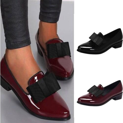 Fashion Women Pumps Shoes Bowknot Shiny Patent Leather Block Chunky Low Heels Single Shoes Woman Pointed Toe Pumps Zapato Mujer