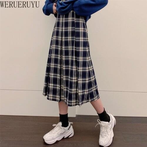 WERUERUYU Vintage Plaid Pleated Long Skirts High Waist Winter Women Korean Woolen Skirt Streetwear Elastic Waist Midi Skirt