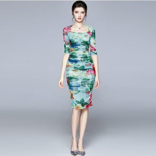 WTIANYUW Celebrity Stylish Chic Sexy Elastic Mesh Slim Sheath Dress Womens Puff Sleeve Floral Print Bodycon Party Dress Women