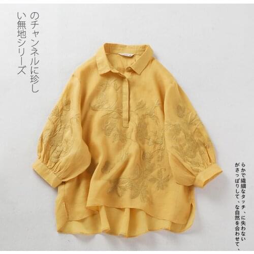 Ramie 2020 spring and summer new linen shirt embroidery seven-sleeve embroidered top Women
