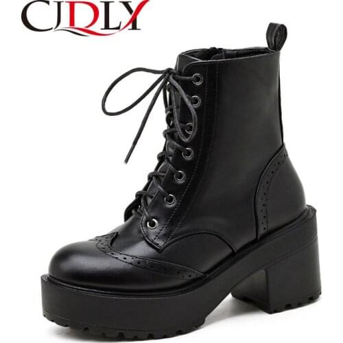 CJDLY 2020 British style Punk Rivets Platform Boots Women Lace Up Fashion Zipper Thick high heels For Model Party Black 35-40
