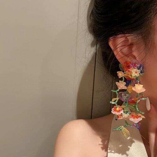 Fashion Temperament Tassel Flower Fairy Pure Handmade Exaggerated Earrings Female Accessories