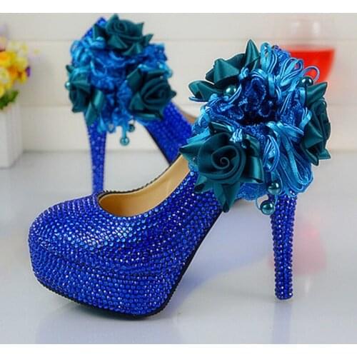 Handmade Lady Anniversary Party Pumps Wedding Dress Shoes Royal Blue Color Rhinestone Party Prom High Heel Shoes Plus Size