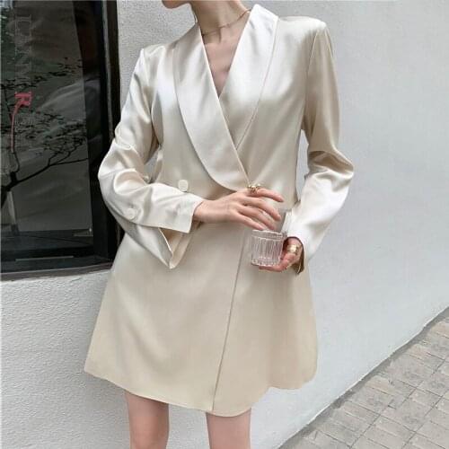 LANMREM Silk Suit Coat For Women Autumn New Long-sleeved Glossy Mid Length Blazers All-match Double-breasted Loose A1765