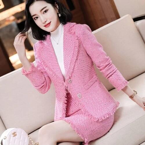 Top Quality Autumn Winter Office Lady Pink White Blazer Elegant Coat Bag Hip Skirt Suit Women Tassel Tweed Thick Two Pieces Set