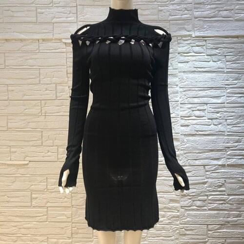 Women Autumn Sweater Dress Turtleneck Hollow Out Stretch Knitted Bodycon Dress