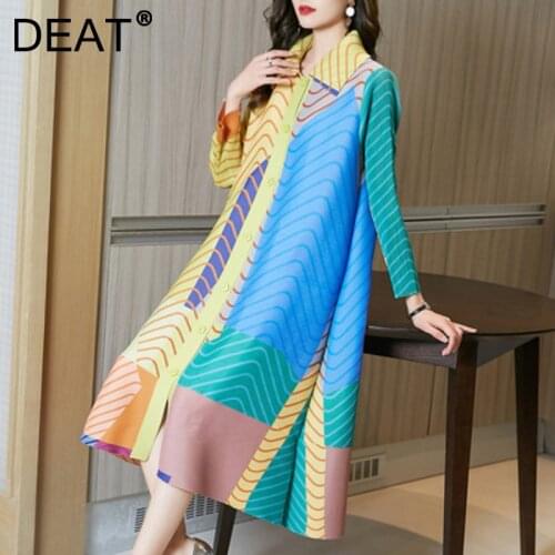 DEAT Woman Pleated Long Sleeve Dress Hit Color Striped Loose Lapel Single Breasted Dresses Wild 2021 New Summer Fashion 15HT159