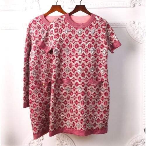 2020 Autumn High Quality Fashion Womens pearls beading knitted dress France style Elegant sequins dress C591