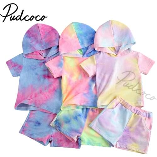 2021 Baby Summer Clothing Children 2Pcs Tie-dyed Clothes Suit, Short Sleeve Hooded Pullover Top Elastic Short Pants Casual Suit