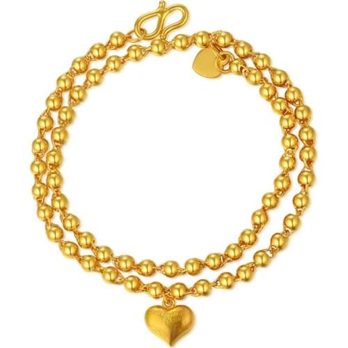 Pure 999 24K Yellow Gold Heavy gold Smooth Beads Bracelet in Heart Pendant