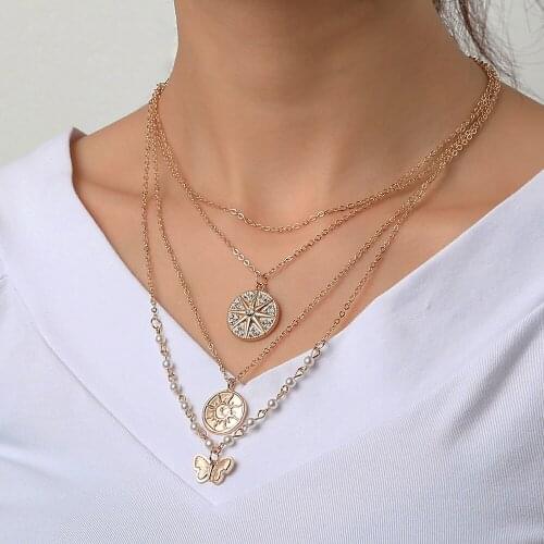 Gold Chain Butterfly Pendant Choker Necklace Multilayer Sun Pearl Clavicle Womens Neck Chain Bohemian Party Unique Collier 2021