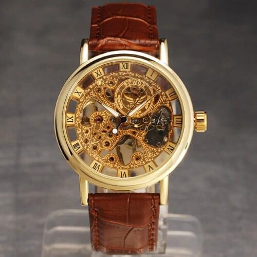 Casual new fashion retro thin case mechanical hand wind men casual leather strap wristwatches classic skeleton wrist watch gift