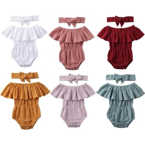 Newborn Baby Girl Rompers Cotton Linen Ruffle Solid Color Off Shoulder Jumpsuit+Headband Sets Sunsuit 0-24Months