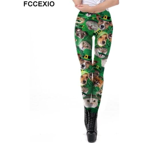FCCEXIO Green Lucky Clover Leggings Women Patricks Day Funny Cat and Pug Workout Fitness Leggins 3D Printed Plus Size Legging