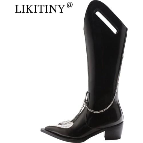 LIKITINY 2021 Autumn Fashion Chunky Heels Pointed toe Slip on Womens shoes Genuine leather Metal Chains Knee high boots 40