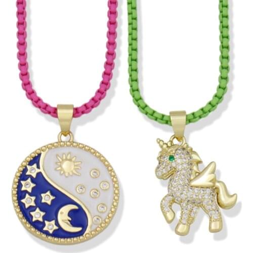 Moon and Star Tai Chi Gossip Women Necklace Banish Bad Luck Charm Pendant Jewelry Cubic Zirconia Unicorn Pendant Necklace