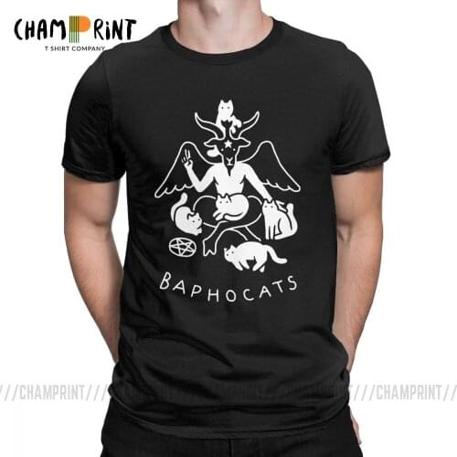 Baphocats T Shirt Mens Pure Cotton Baphomet T-Shirt Satan Demon Tees Occult Goat Short Sleeve Tops Plus Size