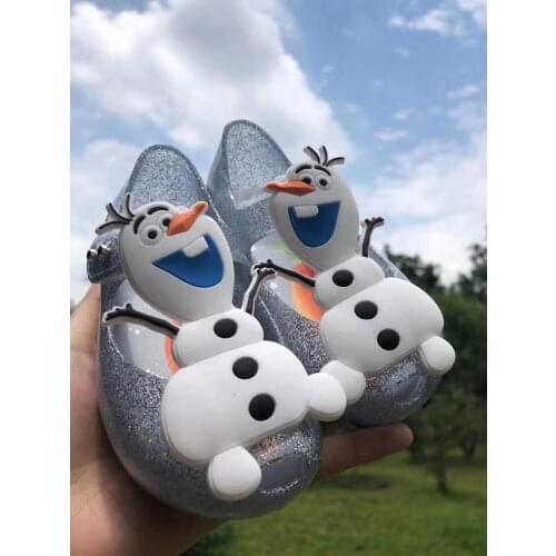 Newest mini Melissa 2021 girls jelly shoes princess cartoon snowman olaf summer sandal childrens cute sliver candy shoes soft M