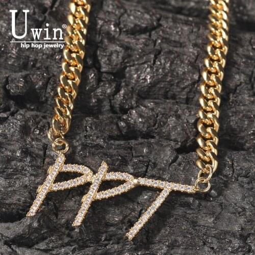 Uwin Brush Letters Custom Name Necklace With 6mm Cuban Chain Cubic Zirconia Gold Silver Color Necklace Fashion Hiphop Jewelry