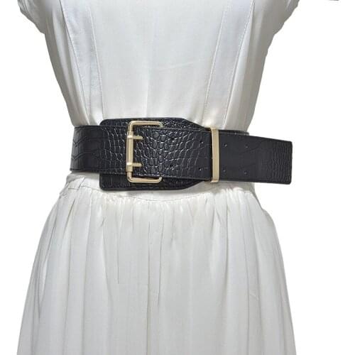 Luxury Crocodile Pattern Super Wide Belt Women Girdle Strap For Coat Gold Buckle PU Leather Wide Belt Girdle For Women Coat