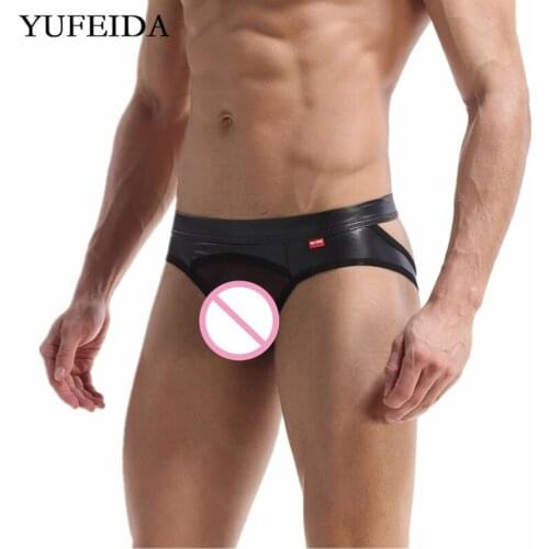 Faux Leather Sexy Mens Briefs Underwear Open Butt Underpants Low-waist Mens Underwear Sissy Panties Gay See Through Penis Pouch