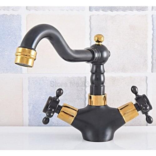 Black & Gold Color Brass Swivel Spout Double Cross Handles Bathroom Basin Sink Faucet Mixer Tap tsf800