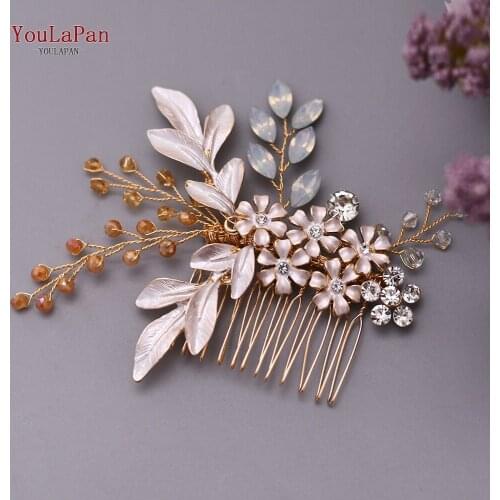 TOPQUEEN HP310 Wedding Headpieces Golden Wedding Hair Clip Milk Rhinestone Bridal Comb Alloy Flower Bridal Hair Pins Headwear