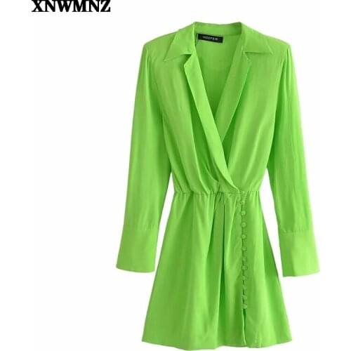 XNWMNZ 2021 New Shirt Dress Woman Green Short Summer Dresses Women Long Sleeve Mini Wrap Dress Fashion Button Elegant Dresses Za